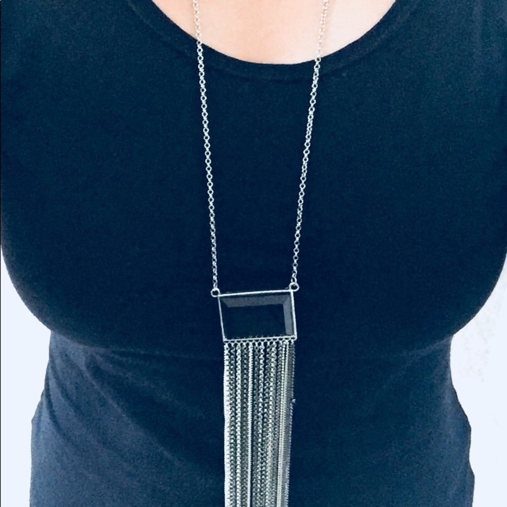 Black Stone Pendent Fringe Statement Necklace - image 1
